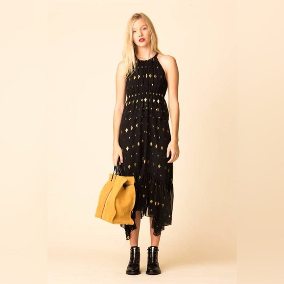 ALC Rosa Silk Black Gold Metallic Halter Midi Length Dress 2 Asymmetric Ruffle - Picture 1 of 11
